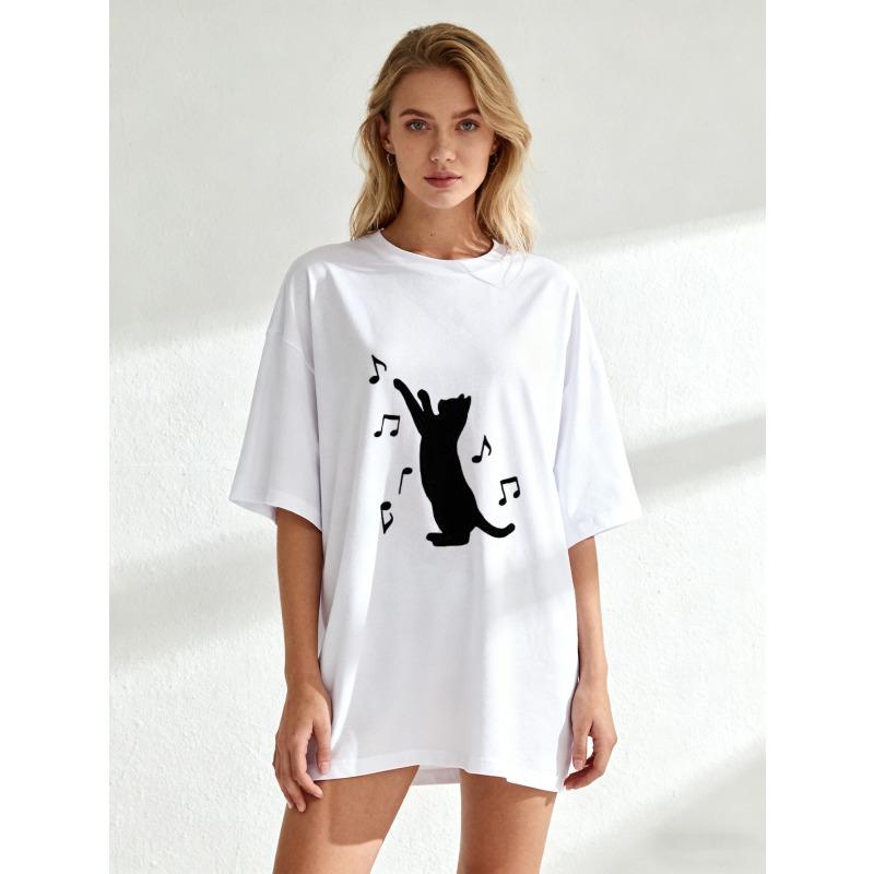 Black Oversized T Shirt With Cat And Music Notes Print For Casual Wear