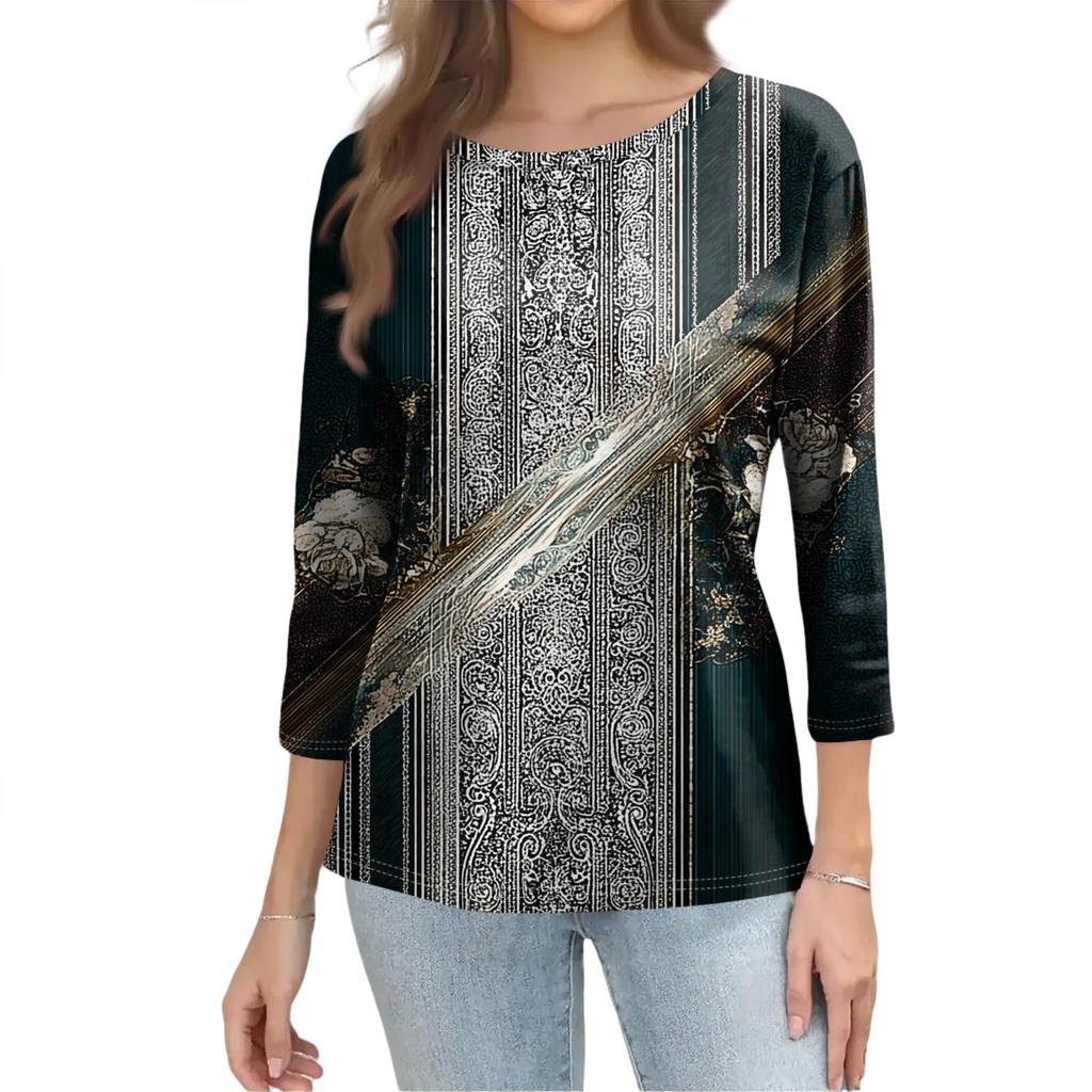 Módní vintage top s 3/4 rukávem pro ženy, dámská ležérní halenka s tříčtvrtečním rukávem a kulatým výstřihem s potiskem