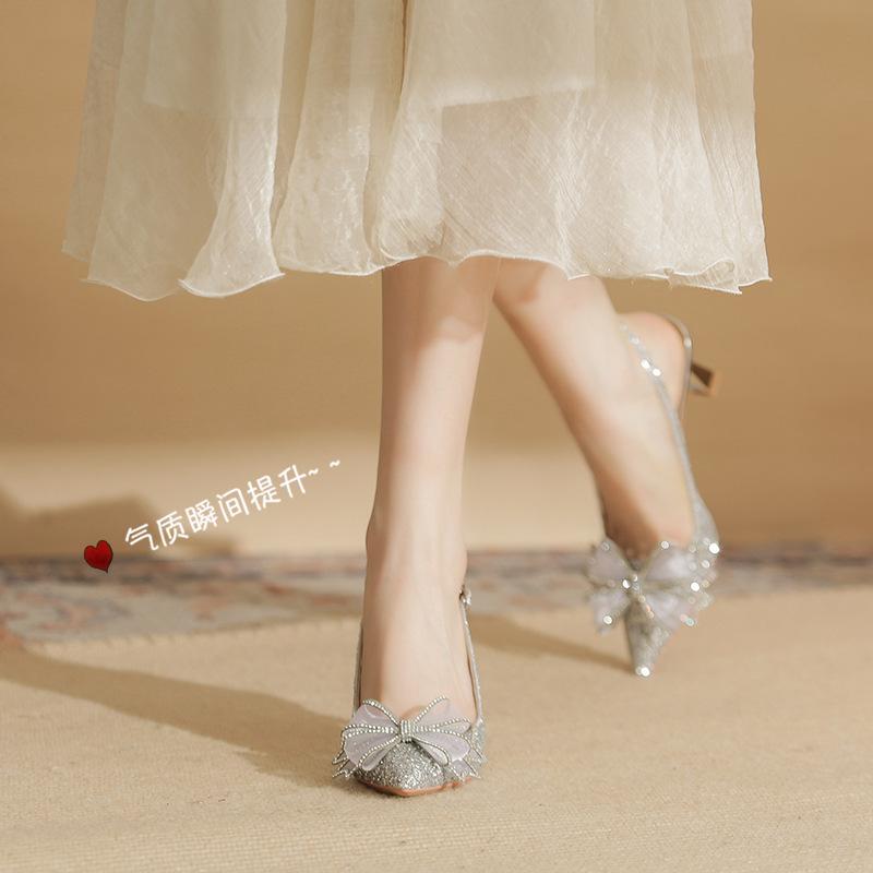 7521-1 [sheepskin] High-heeled Wedding Shoes Women's Thin Heels 2025 New Rear Empty Sandals Pointed Bow Single Shoes
