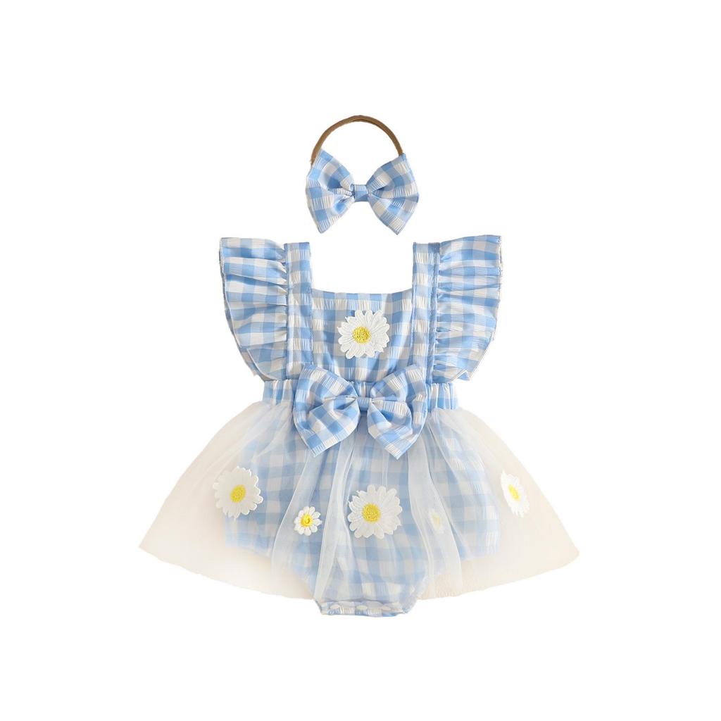 Sweet Baby Girl Fruit Flower Mesh Patchwork Dress with Lace Trim, Bowknot, Harem Skirt, and Hair Tie.