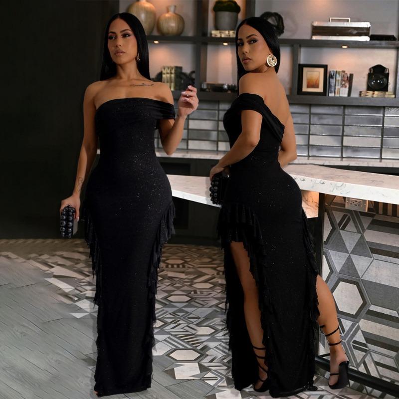 Women's Slim-fit Split Dress Sexy One-shoulder Long Dress