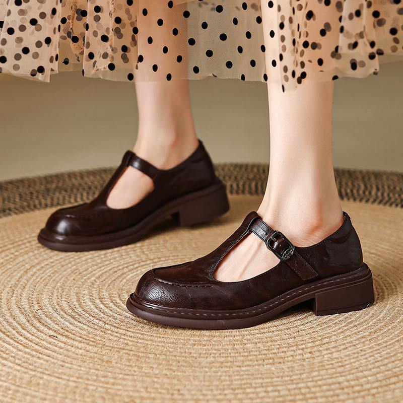 Krazing Pot Sheepskin Round Toe Size 42 Thick Med Heels Slip on Platform Gladiator Metal Buckle Autumn Pumps