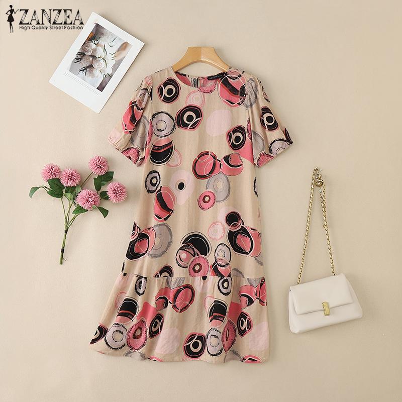 ZANZEA Women Casual Round Neck Short Sleeve Loose Summer Print Dress