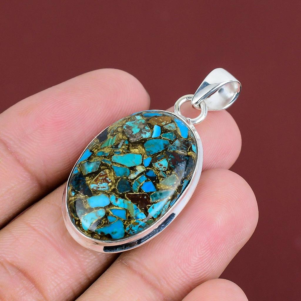 Copper Chrysocolla Pendant Natural Gemstone Jewelry 925 Sterling Silver Pendant Handmade Dainty Pendant Healing Stone Jewelry Gifts For Wife