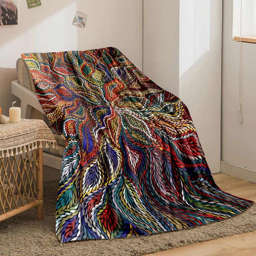 Colorful, flowing leaf-like pattern with intricate overlapping details. for all seasons blanket lunch break throw gift