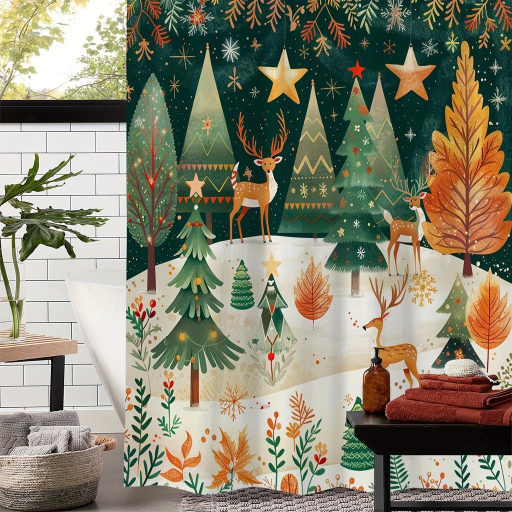Christmas Tree Reindeer Washable Dirt-Resistant Shower Curtain Shower Head Waterproof Polyester Bath Curtain For Home Decor