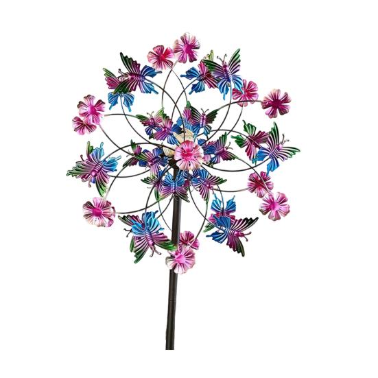 Garden Wind Spinner with Stake Butterflies Birds Flowers Kinetic Windmill 34 Inch Metal Outdoor Wind Sculpture Yard Art Decoration for Patio Lawn