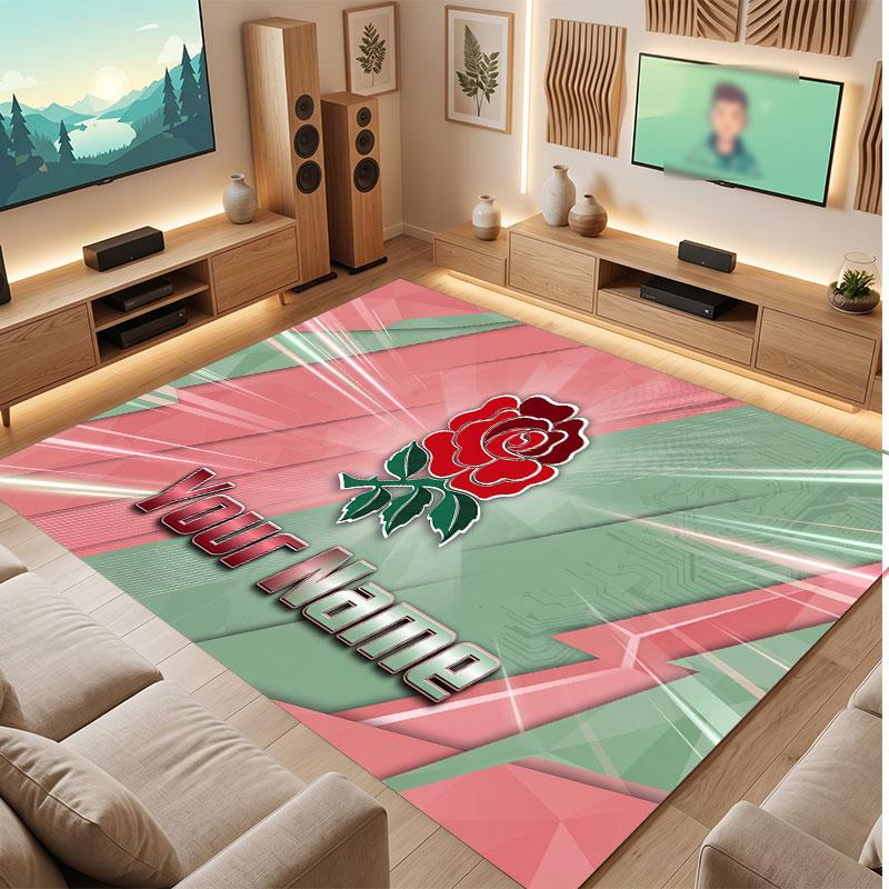 Tappeto in Velluto di Cristallo Personalizzato Rugby Inghilterra, Tappeto Morbido Antiscivolo con Testo Nome Personalizzato per Soggiorno Camera da Letto