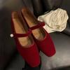 Fashion Velvet Mary Jane Shoes for Women Hand Stitch Casual Streetwear Ballet Flats Pumps Female Solid Color Red Cloth Shoes Loafers