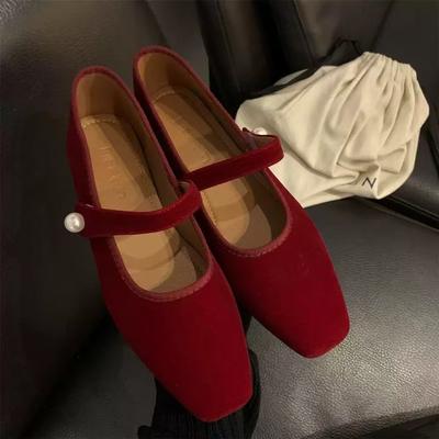 Fashion Velvet Mary Jane Shoes for Women Hand Stitch Casual Streetwear Ballet Flats Pumps Female Solid Color Red Cloth Shoes Loafers