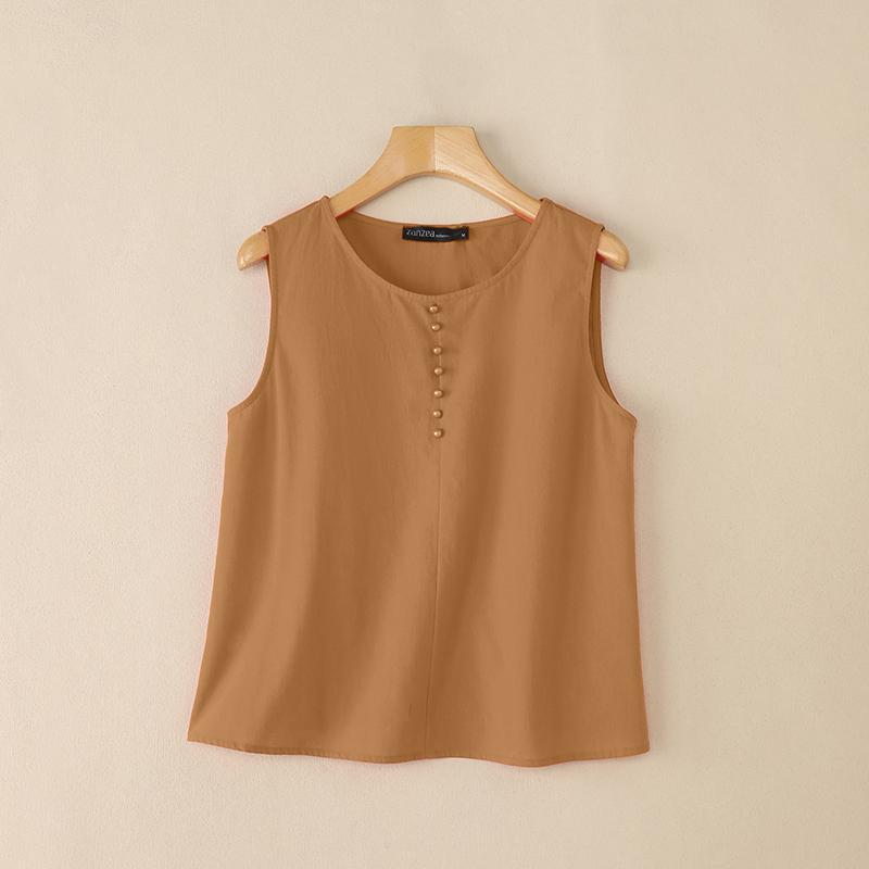 ZANZEA Women Summer Casual Round Neck Sleeveless Cotton Tank Tops