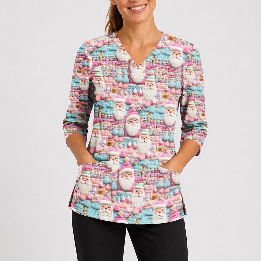 Women's Christmas Print Uniform V-Neck Scrub -Quarter Sleeve for Caregivers