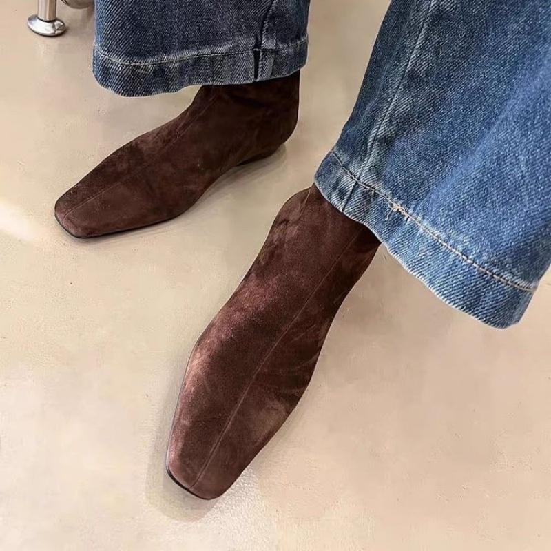 Flats Ankle Boots Suede Warm Women Shoes Winter Brand Square Toe Casual Chelsea Trend Low Heels Snow Boots Mujer Zapatos