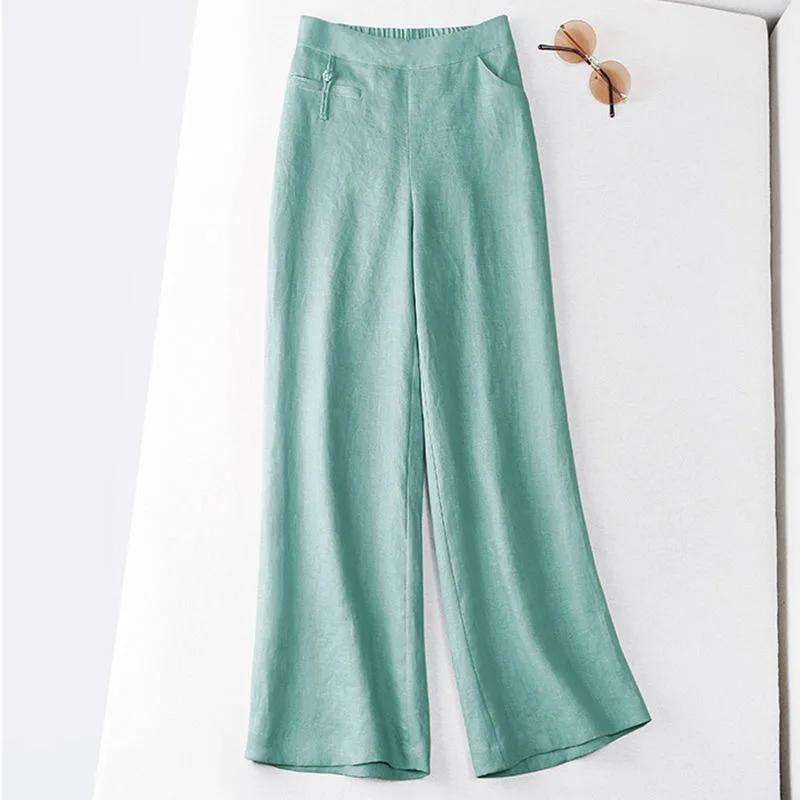 High Waist Slimming Cotton Linen Wide Leg Casual Pants Women Button Detailing Summer Comfortable Long Trousers