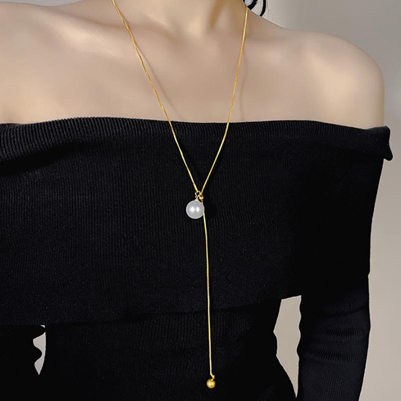 Stainless Steel Knot Lucky Beads Imitation Pearl Necklace for Women Men Simple Ball Pendant Long Chain Temperament Jewelry Gifts
