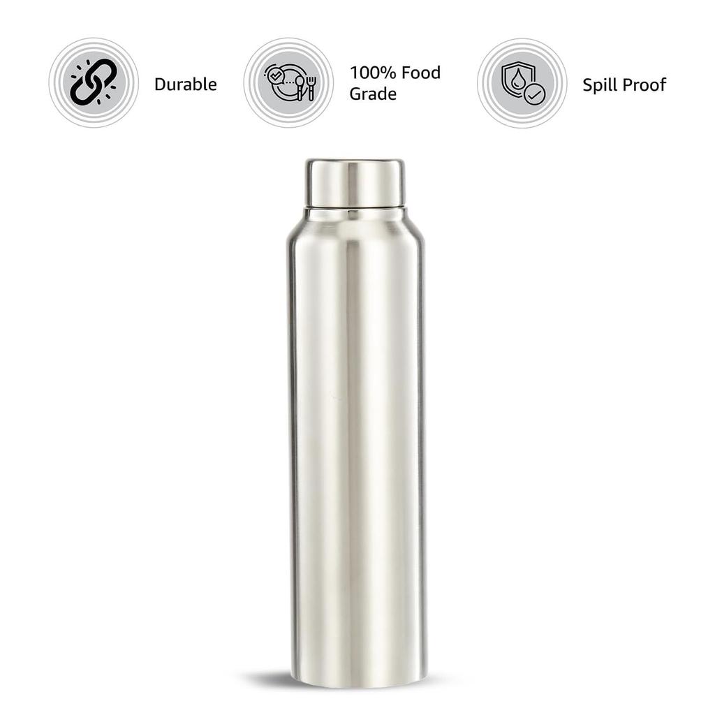 Stainless Steel Water Bottle | BIS-Approved | 900ml (Silver Steel Finish)