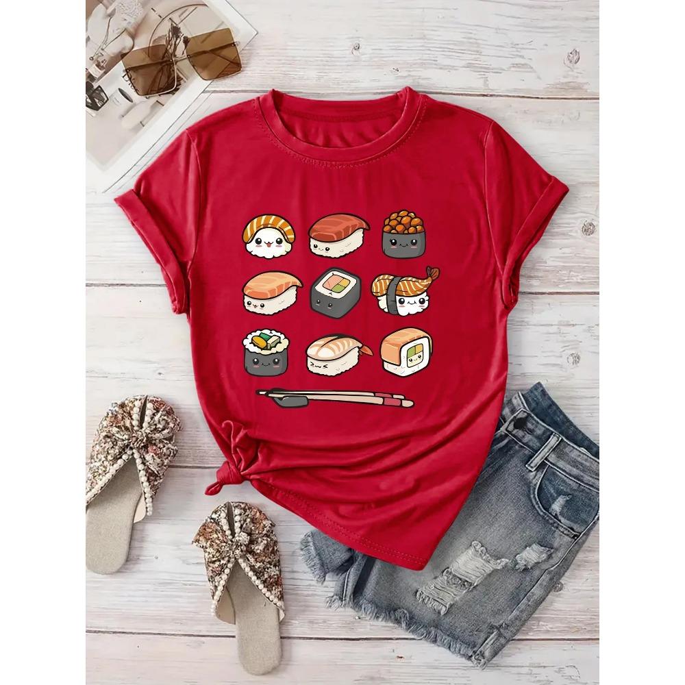 Creative Cartoon Sushi Print Summer Women's T-shirt Round Neck Short Sleeved Top T-shirt Women's Clothing