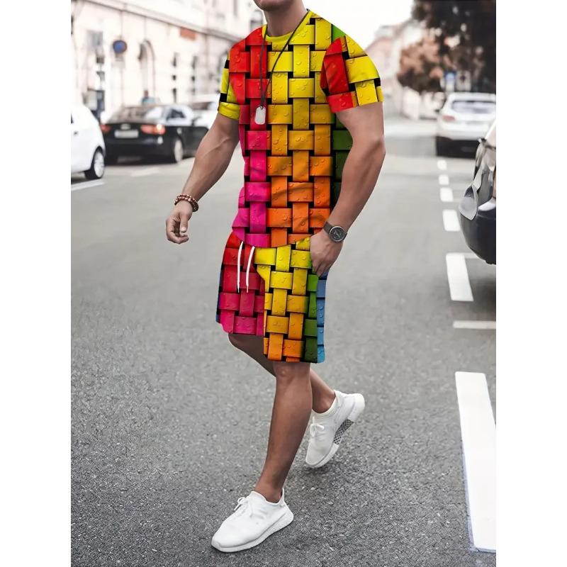 Summer Men's Clothing Letter Print Short Sleeve Top Men's Elastic Waist Shorts 2-piece Set Plus Size T Shirts Shorts Set