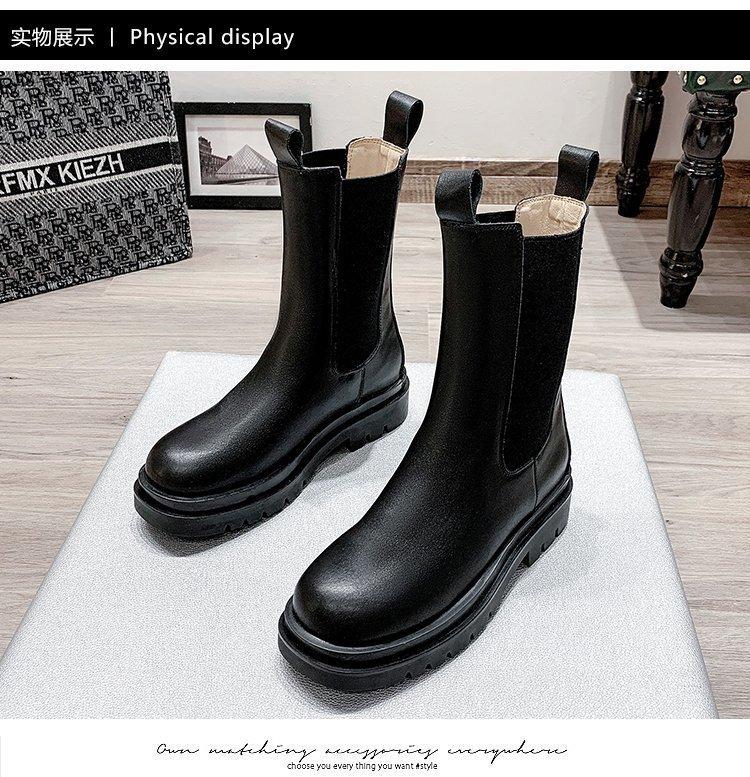 Flat-bottomed High-heeled Martin Boots with Round Head, New Thick-heeled Medium-tube Martin Boots, Elastic Foot Boots.