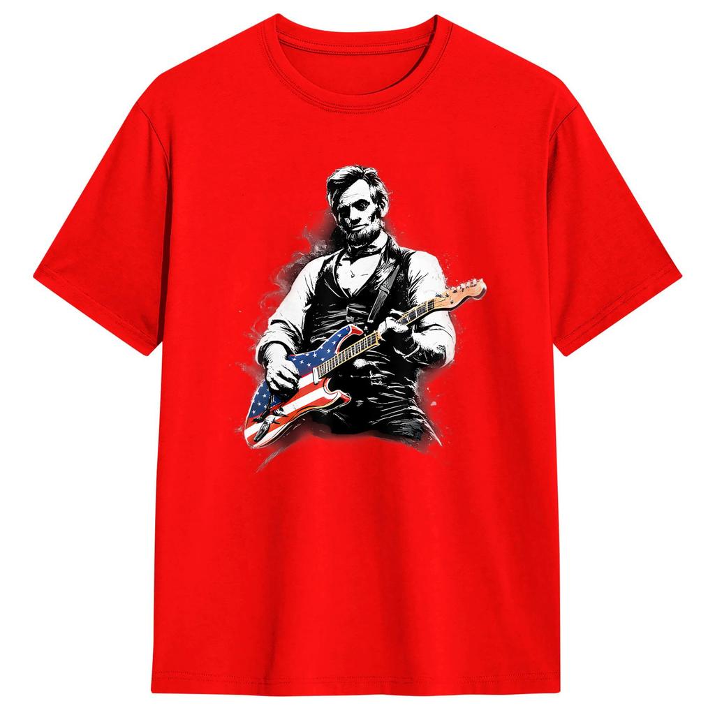 Unisex Abraham Lincoln Abe Lincoln Playing Guitar TShirts   Cotton Tops Summer Classic ShortSleeved TShirt Crew Neck Tshirt