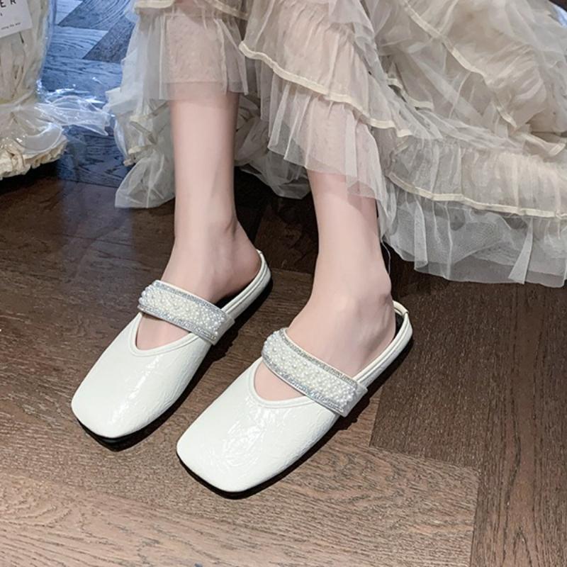 Fashion Summer 2025 Flats Mules Women Shoes Slingback Slippers Women Designer String Bead Square-toed Sandals Dress Fashion Slides Women