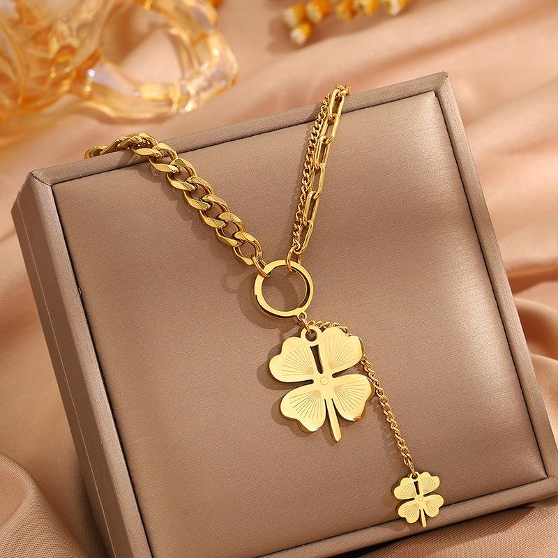 Premium Titanium Steel Four-Leaf Clover Necklace for Women – Elegant, Versatile Tassel Chain Design
