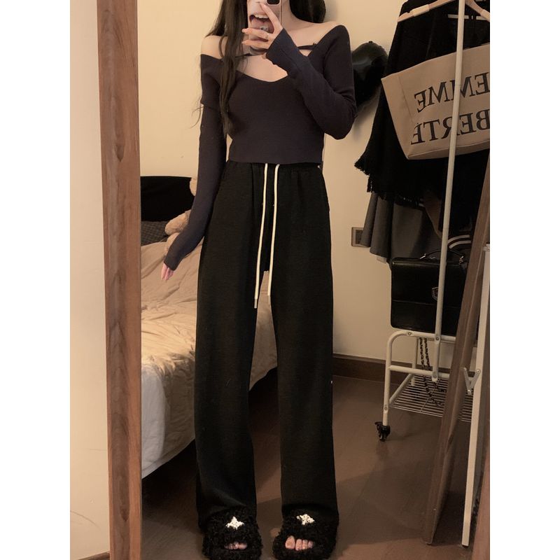 Gray Idle Style Fleece-lined Spring and Autumn Draped Casual Pants