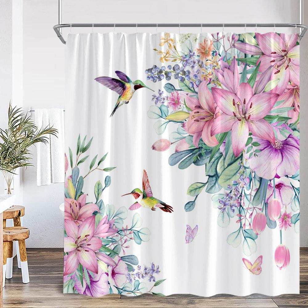 Rideaux de douche Colibri Aquarelle Florale Papillon Fleurs Épanouies Plantes Floraison Décor de Baignoire Printemps