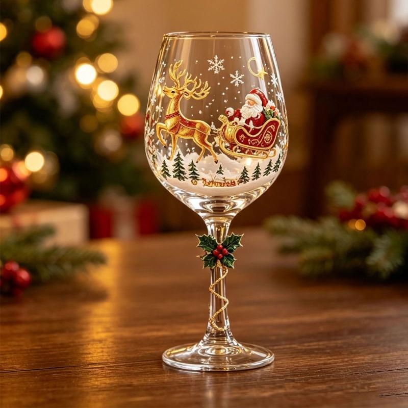 Clear Glass Christmas Wine Glasses Set of 6 with Raised Holiday Artwork and Six Different Scenes for Wine, Cocktails, Cocoa and Seasonal Entertaining