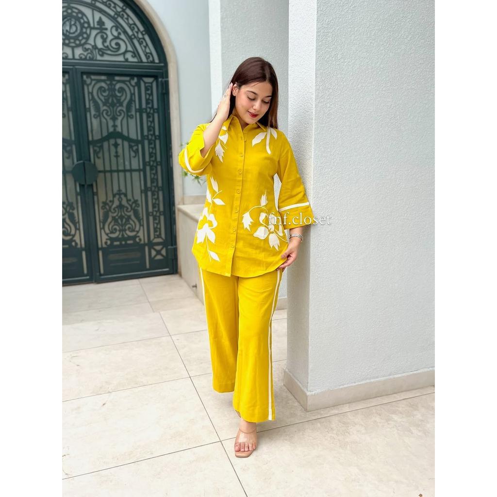 Yellow Floral Embroidery Shirt Cord Set Women Designer Ethnic Top Kurta Pant Set