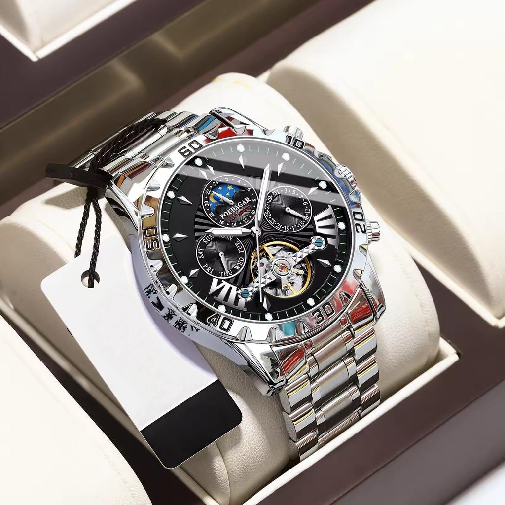Für POEDAGAR 1410 Luxus Herren Automatik Mechanische Uhr Edelstahl Leuchtend Wasserdicht 22mm Armbandbreite Analoganzeige