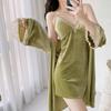 1011 New Sexy Pajamas Women's Autumn and Winter Sexy Lace with Chest Pad Suspender Nightdress Golden Velvet Nightgown