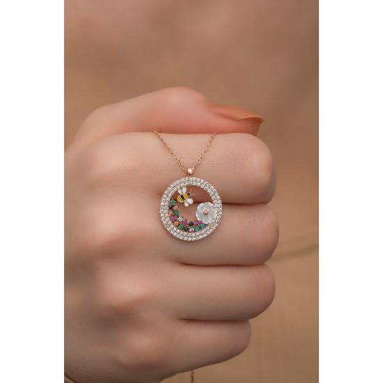 925er Sterlingsilber Magnolienblüten-Detail Bunte Steinbiene Halskette