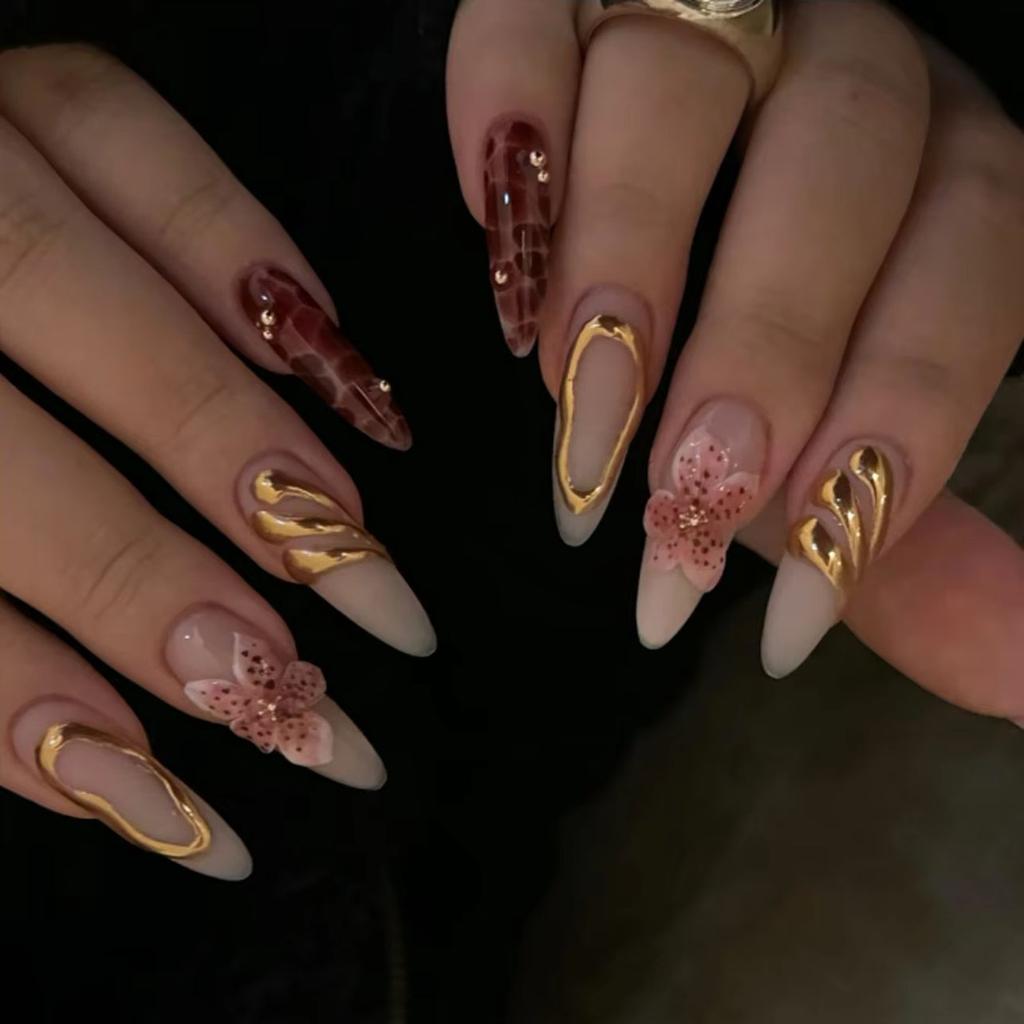 24PCS Almond Press On Nails 3D Carved Flowers Retro French Fake Nails for Women Golden Patterns Wearable Sweet False Nails Tips