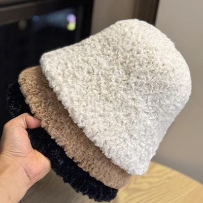 New Fisherman Hat Women's Autumn and Winter Solid Color Versatile Warm Plush Basin Hat Niche Design Plain Face Covering Bucket Hat