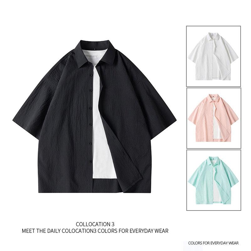 

Men s Short-sleeved Shirt Korean Trend Summer Versatile Solid Color Large Size Men s Clothing