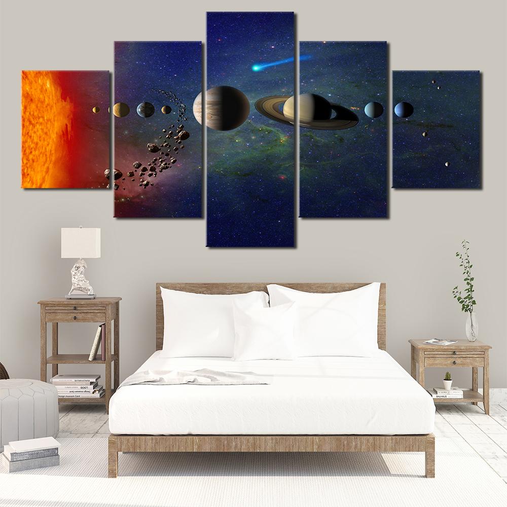 5 Panel Space Space Moon Poster Silk Cloth Earth Canvas Painting Wall Art Planet Satellite Solar System Living Room Decoration