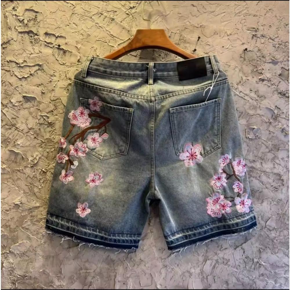 ZYLLO Gothic Mens Womens Cherry Blossom Embroidery Denim Shorts Y2K Jeans Harajuku Hip Hop Retro Baggy Shorts Fashion Casual Pants