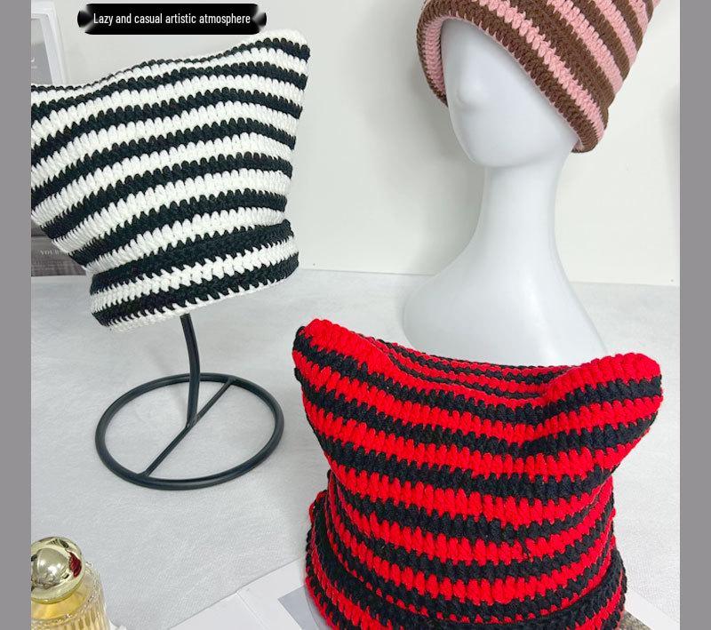Autumn-Winter Striped Woolen Hat with Cute Cat Ears - Fashionable, Versatile Devil Design.