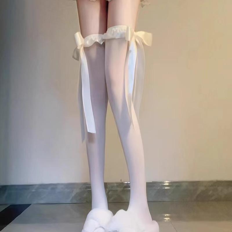 Women's Summer Thin Velvet Bowknot Ribbon JK Thigh High Stockings Sweet Lolita Princess Style Solid Color Sheer Overknee Socks