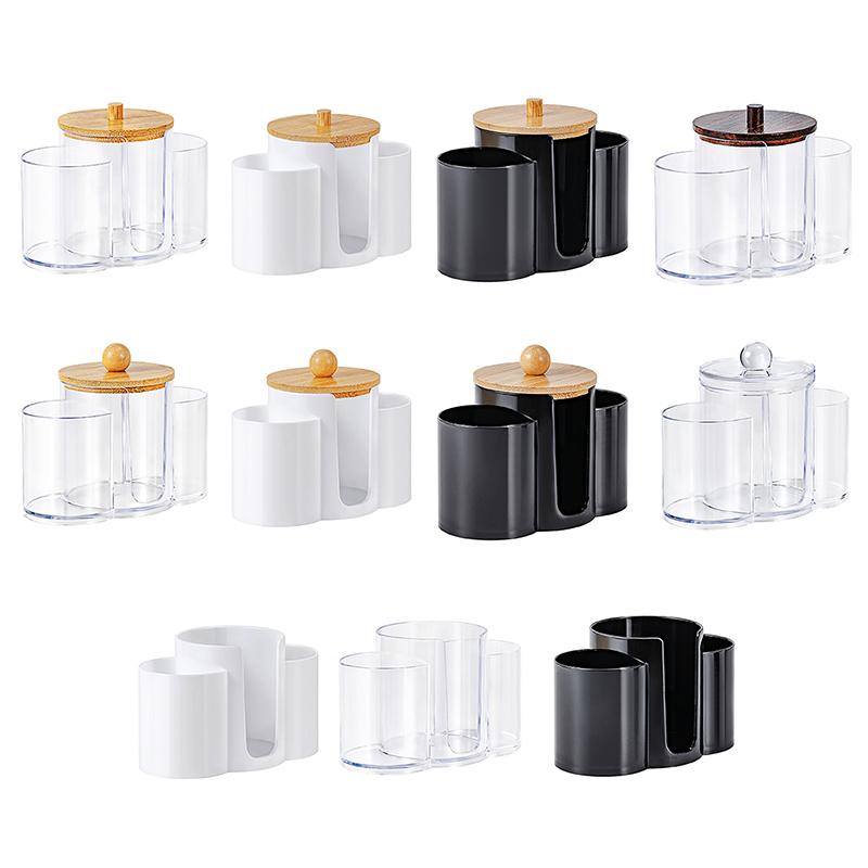 Cotton Swab Storage Box Double Head Cotton Buds Container Transparent Square Bamboo Cover Cotton Swab Toothpick Organize Box
