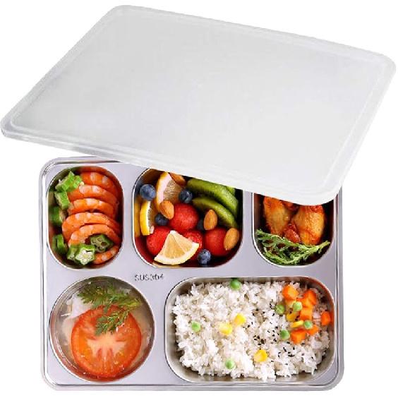 304 Stainless Steel Divided Plates with Lid for Adults Divided Dinner Tray 5 sections Bento Lunch Box Divided Food Containers Large Size 5 Compartments