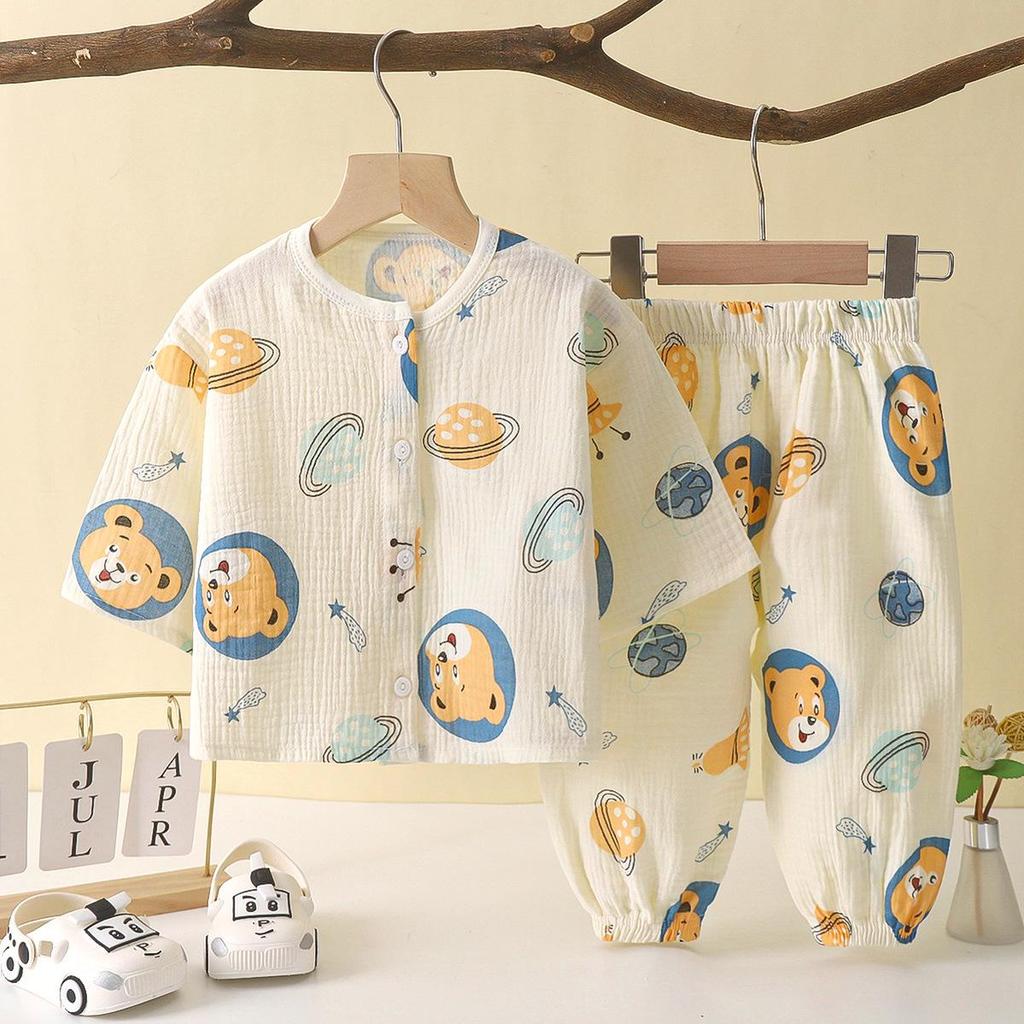 Children's Cotton Gauze Pajamas Set - Summer Long-Sleeve with Lantern Pants