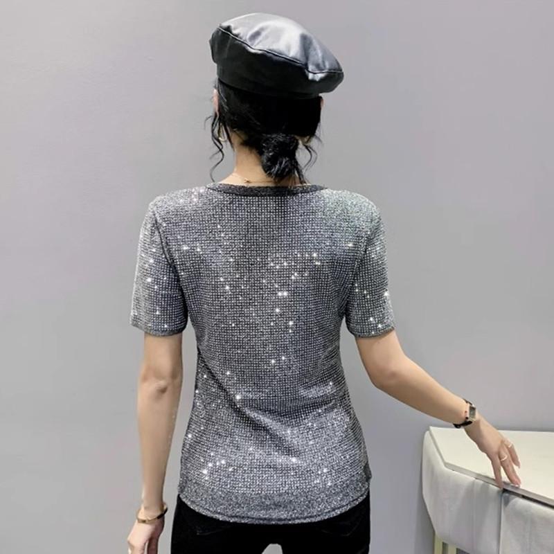 Summer Streetwear Girl Luxury Hot Drill Slim Fit T-Shirt Fashion Temperament O-Neck Short Sleeve Shiny Diamonds Women Tees Tops