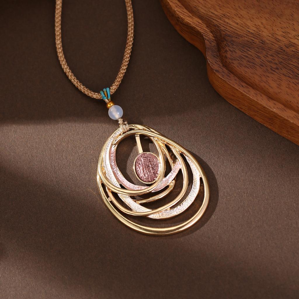 New Color Painting Oil Hollow Oval Braided Rope Long Pendant, Women's Retro Premium Flower Long Necklace