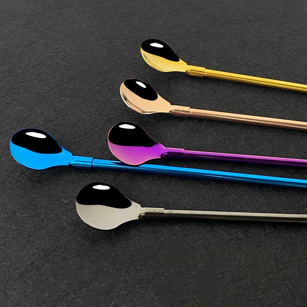 6Pcs Reusable Long Handle Straw Spoon Gold 18/10 Stainless Steel Straw Tea Scoop Straight Bar Coffee Stirring Drinking Spoon