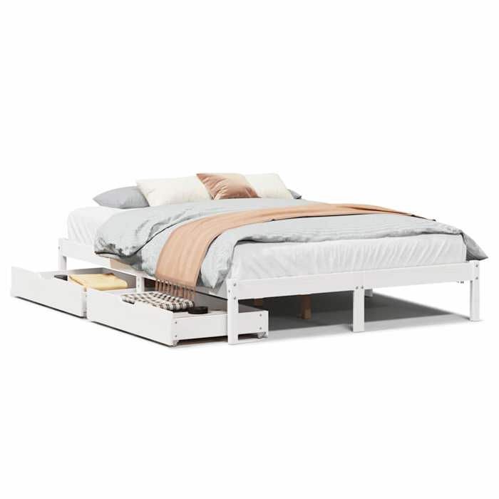 VidaXL Bed Frame with Drawers White 120x200 Cm Solid Pine Wood, Slatted Base, Double Bed Frame, Wooden Bed Frame 3301435