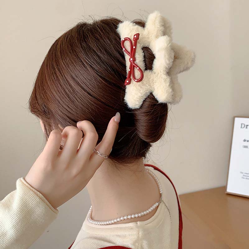 New Elegant Plush Bow Hair Claw Clips for Women Girls Winter Fluffy Plush Large Shark Clamp Hair Clip Headwear Hair Accessories