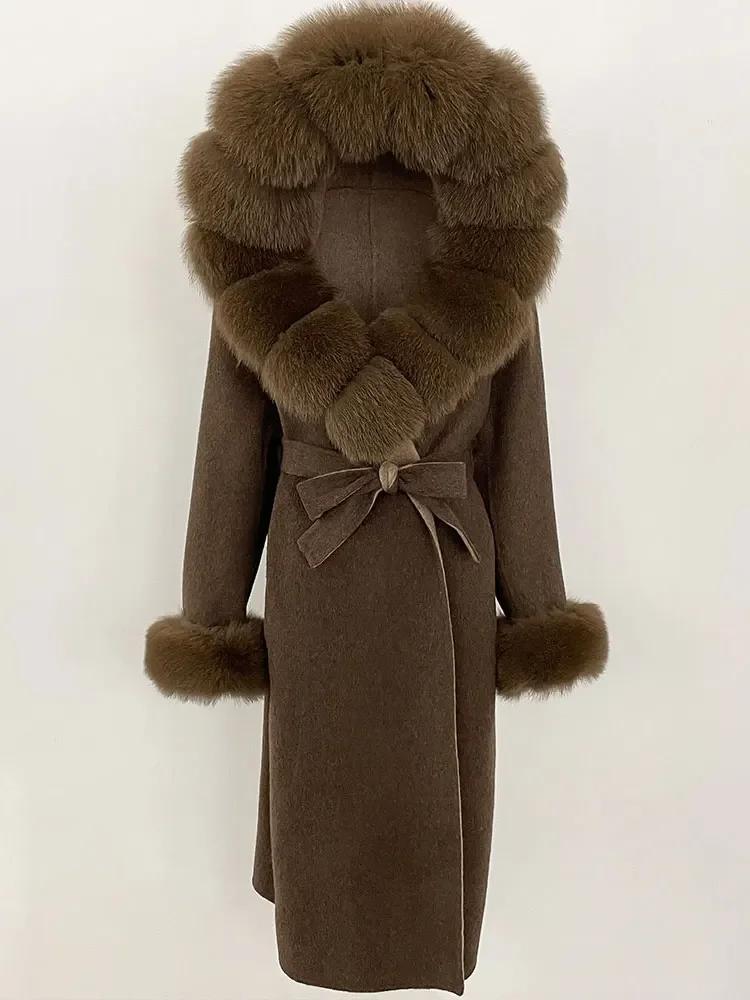 OFTBUY Autumn Winter Women Coat Real Natural Fox Fur Collar Hooded Double-faced Woolen Blends Jacket Thick Warm Casual Overwears