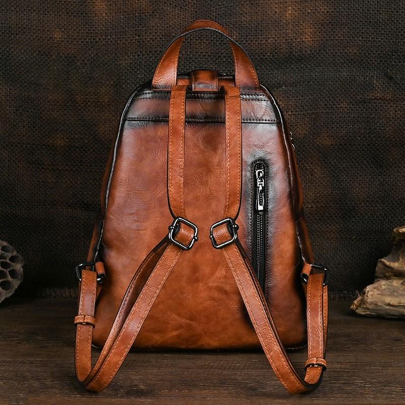 Johnature Vintage Totem Geprägter Rucksack, vielseitige Damen-Ledertasche, einfarbig, große Kapazität, Reiserucksäcke